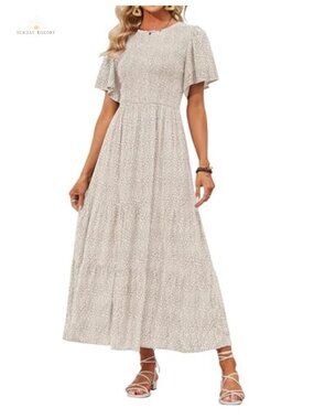 Boho Floral Smocked Short Sleeve Maxi Dress
